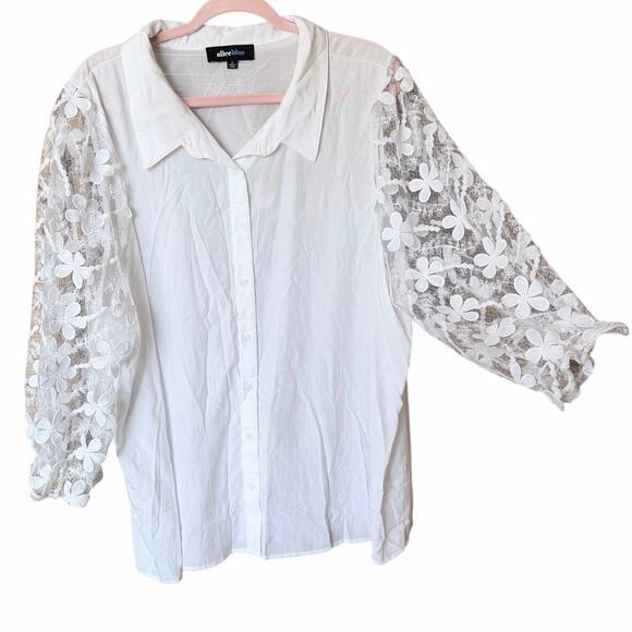 Alice Blue Tops - Plus size 3X white button front blouse with lace floral balloon sleeves dopamine